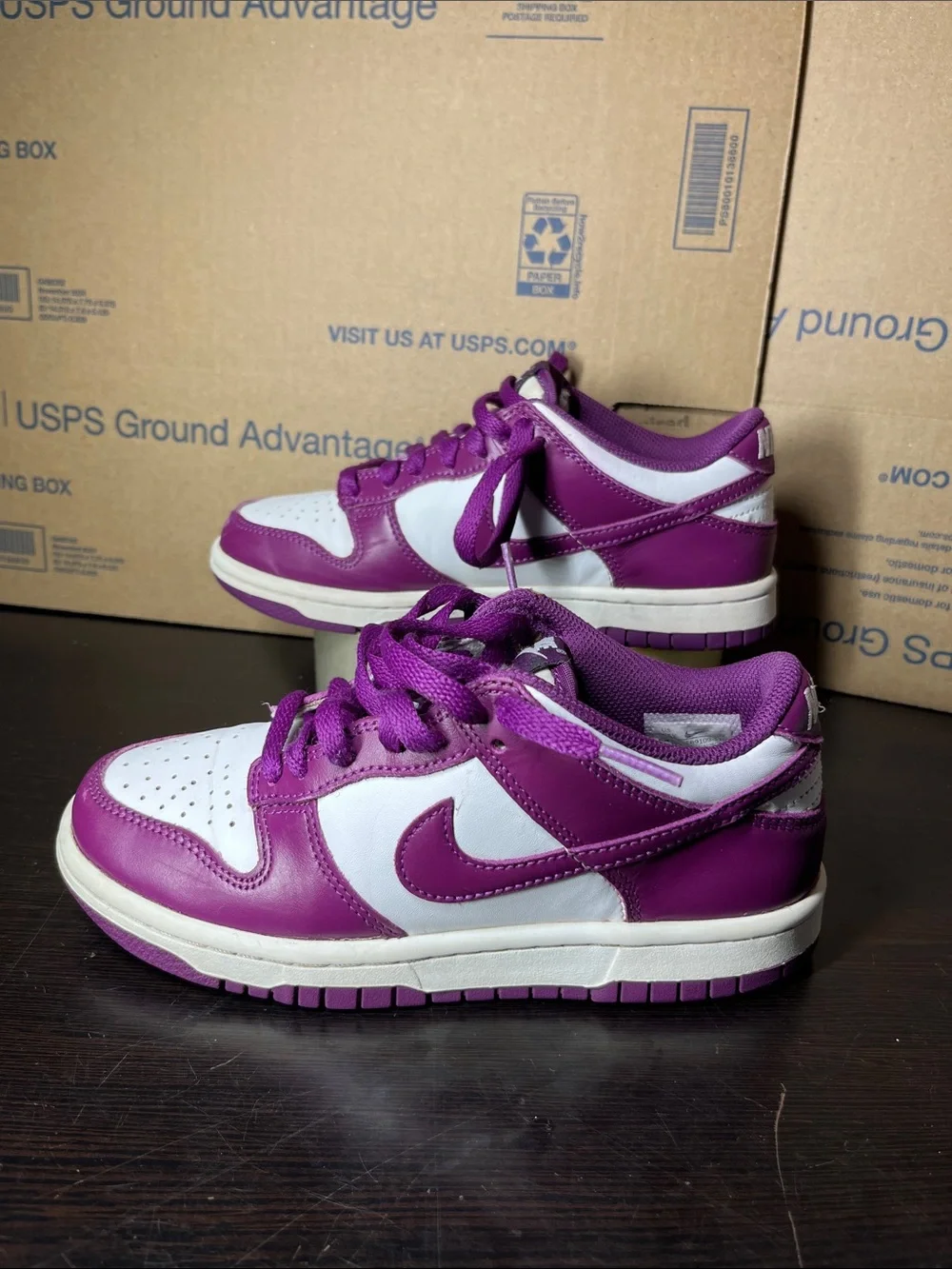 Nike Dunk White and Purple Low-Top Sneakers Big Boy 3.5Y or Girls 5Y